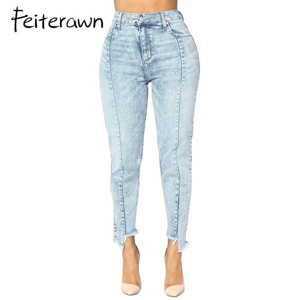 

feiterawn blue acid wash designful seam accent raw hem casual autumn jeans women 2018 with button high wist denim pants dl786033