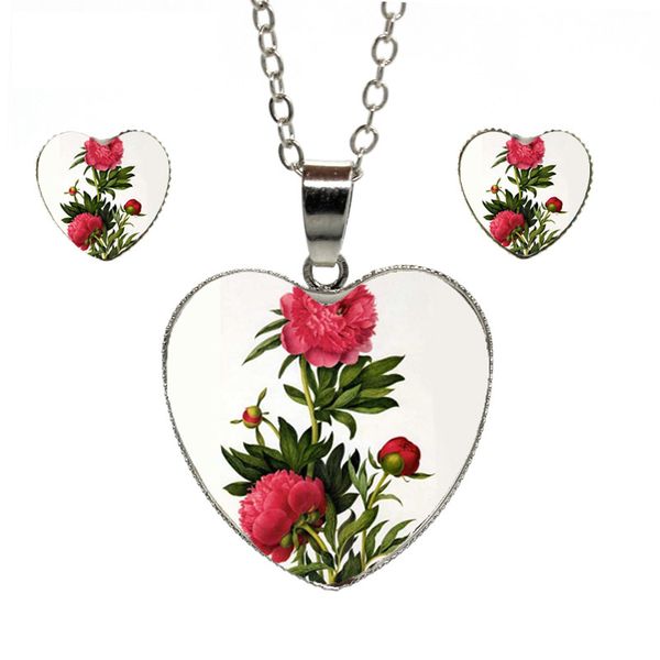 Acheter 2018 Nouvelle Mode Vintage Fleurs De Pivoine Dessin Photos Pendentifs Et Boucles Doreilles Coeur Elegent Et Belle Pivoine Coeur Ensemble De