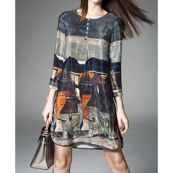 

plus size chiffon silk dress women spring summer autumn vintage a-line printing loose dresses three quarter sleeves, White;black