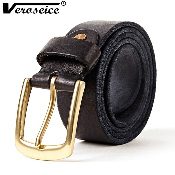 

veroseice] new fashion 100% full grain genuine leather men belt solid brass buckle cowhide strap waist belt for cowboy cintos, Black;brown