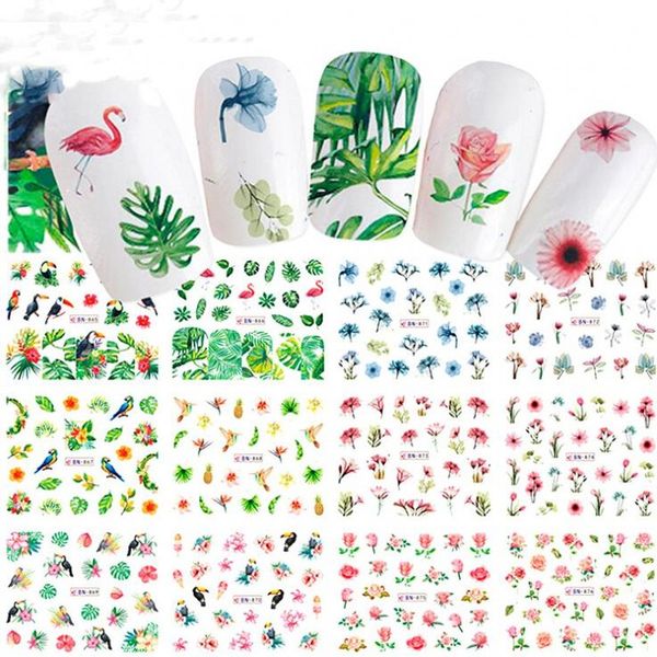 

1 sheet 12 designs nail water transfer decals diy tattoo slider flamingo rose daisy flower pattern nail art wraps set bn865-876#, Black