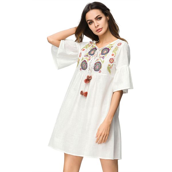 

3187190 women muslim european and american embroidery cotton linen half skirt muslin trumpet sleeves musulman vestidos mujer faldas, Red