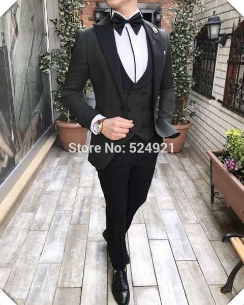 En Yeni Groomsmen Kömür Gri Damat smokin Tepe Siyah Yaka Erkekler Suits Düğün En İyi Man Damat (Ceket + Pantolon + Vest + Bow Tie) L218