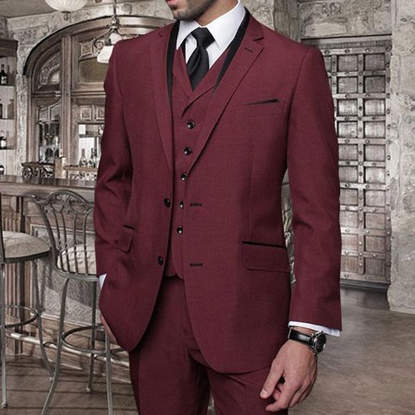 

burgundy business formal men suits 2018 three piece notched lapel two button custom made wedding tuxedos (jacket + pants+ vest, Black;gray