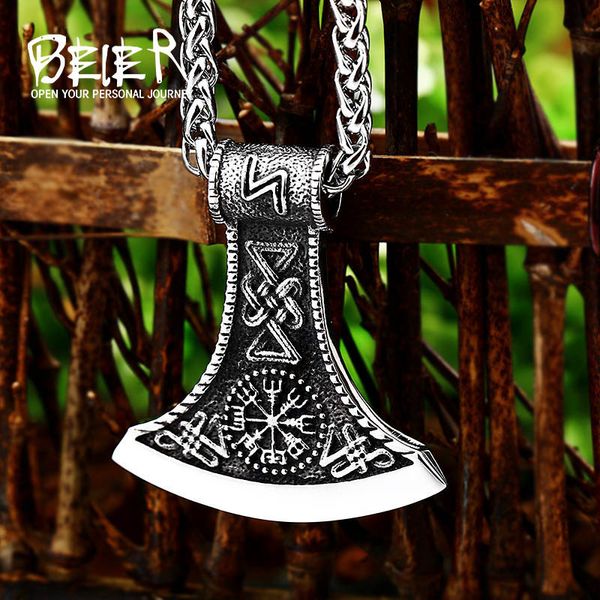 

beier 316l stainless steel amulet pendant necklace axe pendant legendary viking runes vikingnordic talisman jewelry, Silver