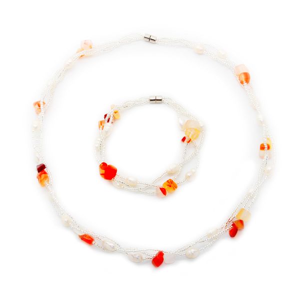 

fashion latest design magnetic buckle freshwater pearl jewelry set 7-9mmaa oval pearl necklace and bracelet, Silver