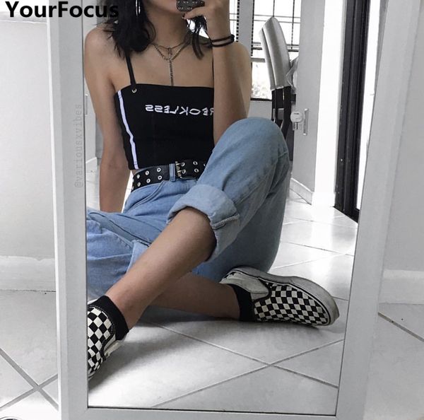 

harajuku vintage ins punk hollow out letters embroidery short crop crop camis yq-733, White