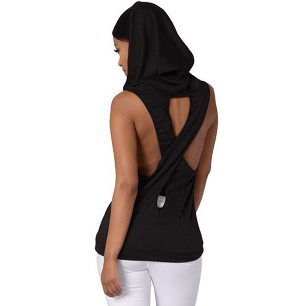

Fashion Women Tank Tops Hooded Back Gray Cross Hollow Street wear Gym Fitness Sport Sleeveless Vest for Running Training S-XL