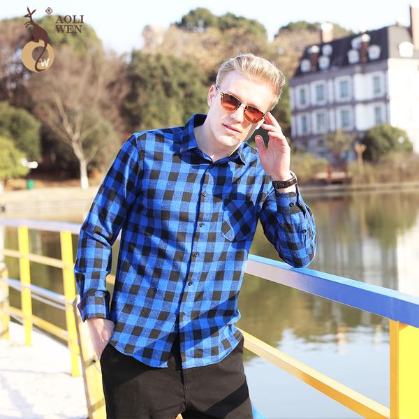 

aoliwen 2018 selling business casual men's long-sleeved shirt black and blue plaid slim fashion male shirt size -5xl, White;black