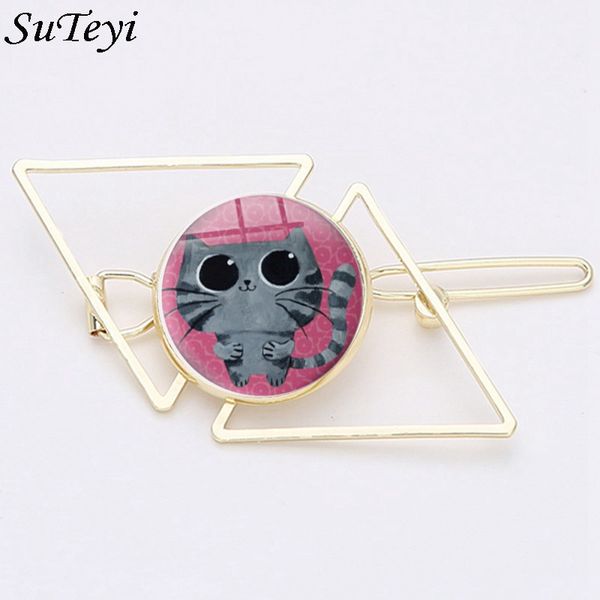 

suteyi hollowed triangle lovely cat animal modelling female hair clip accessories alloy for woman girls holder headwear, Golden;white