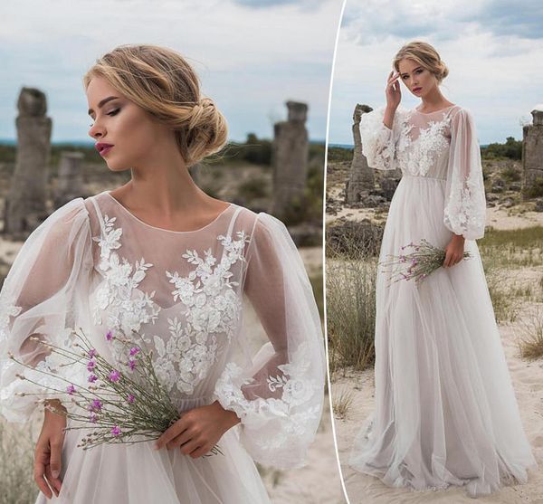 

long sleeves bohemian boho wedding dresses appliques tulle floor length beach wedding gowns bridal dresses, White