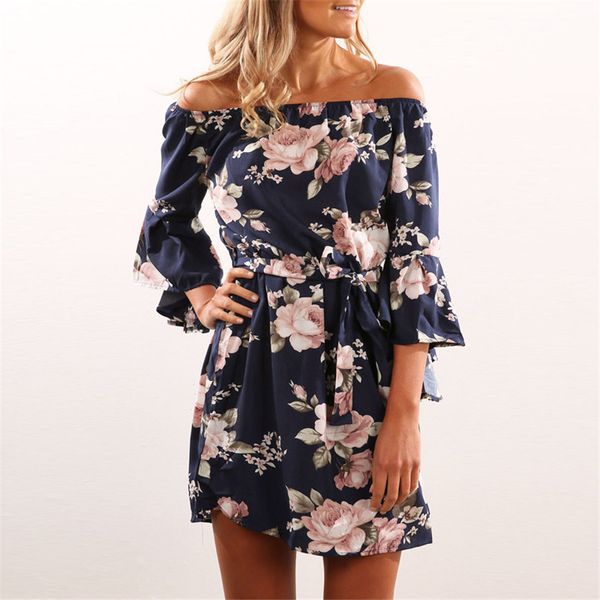 Acheter Femmes Floral Print Dress Sexy Off épaule Ceintures Mini Boho Robes De Plage Manches évasées Xs 3xl Plus Grande Taille Robe Courte De 2056