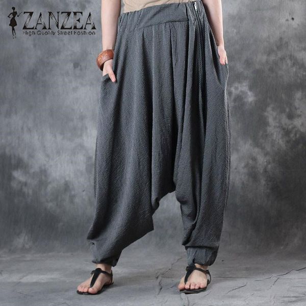 

2017 zanzea vintage striped elastic waist women baggy drop-crotch harem pants autumn loose lantern trousers pantalon plus size, Black;white