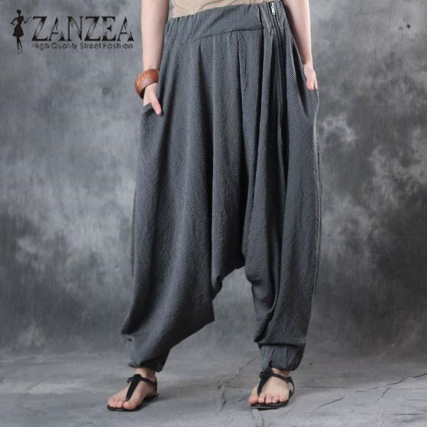 

2017 zanzea vintage striped elastic waist women baggy drop-crotch harem pants autumn loose lantern trousers pantalon plus size, Black;white