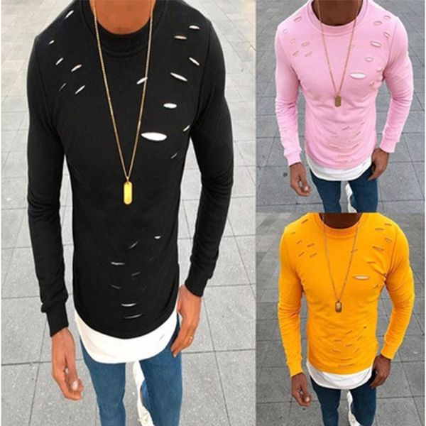 

3colors дизайнер майка весна мода мужская повседневная о-образным вырезом поддельные две части тонкий с длинным рукавом рубашки топы плюс ра, White;black