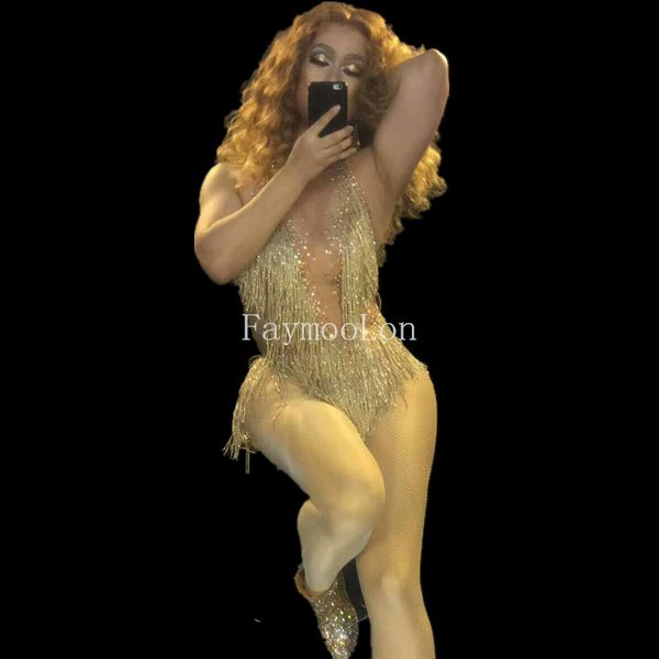 

sparkly female singer golden tassels bodysuit women one piece leotard outfit costume rhinestones stage performance clothing, Black;red