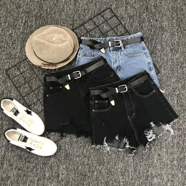 

2018 new high street 18-24 young lady fashion short women hole washed black denim shorts, White;black