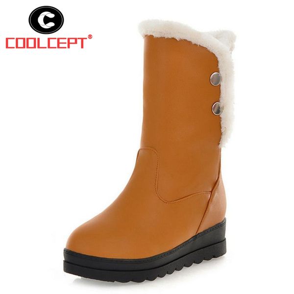 

coolcept size 34-42 4 colors women high heel boots round toe mid calf plush fur women boots fashion winter shoes foootwear, Black