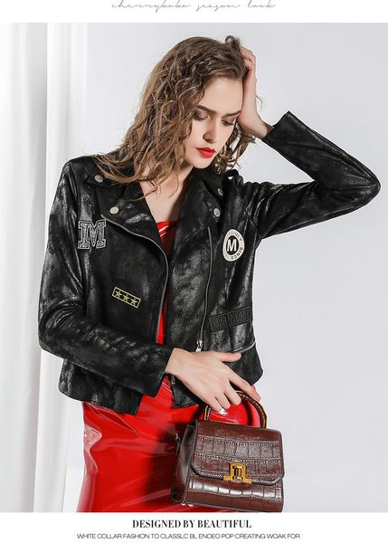 

hight quality women fashion pu leather jacket autumn winter slim biker motorcycle faux leather coat short zipper cool jacket, Black