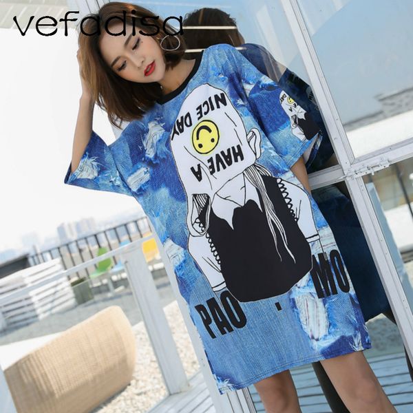 

vefadisa printed women summer dress 2018 new short sleeve mini sundresses vestidos cartoon pattern plus size shirt dress ad797, White;black