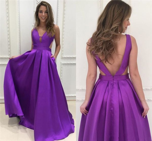 

purple satin long prom dresses 2019 deep v neck sleeveless floor length backless evening gowns party prom dresses formal gowns wear, Black