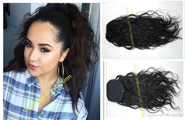 

new wet and wavy human hair pony tail hair extenions clip in women virgin brazilian human hair ponytails wavy hairpiece 120g 1b, Black