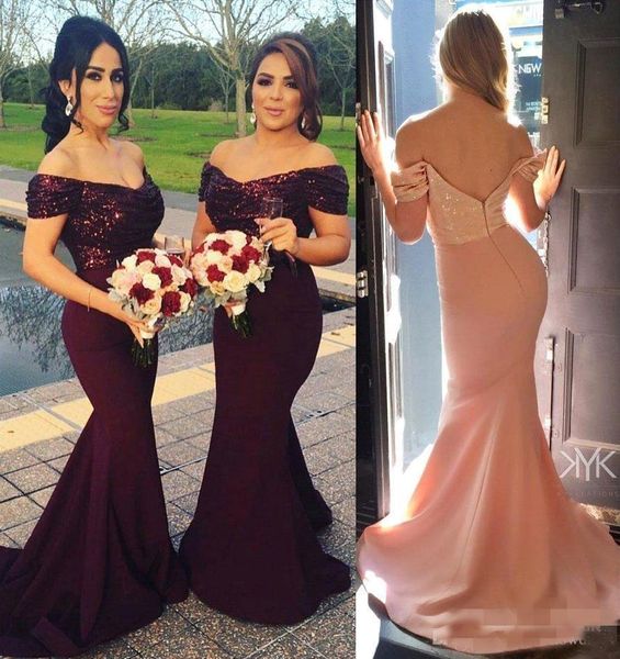 2018 elegante fora do ombro lantejoulas longas vestidos de dama de honra sereia cetim ruched festa formal casamento vestidos vestidos de honra