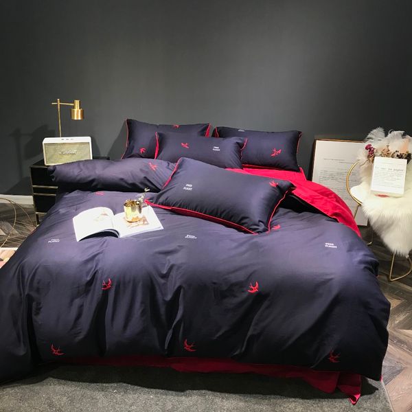 

100% cotton bedding set 4pcs navy blue and red double side reversible duvet cover sets 60s sateen bed linen tribute silk sheets