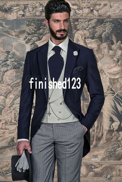 Estilo de la mañana Novio Esmoquin Un botón Azul marino Pico Solapa Padrinos de boda Boda para hombre Blazer Trajes de fiesta (chaqueta + pantalones + chaleco + corbata) J741