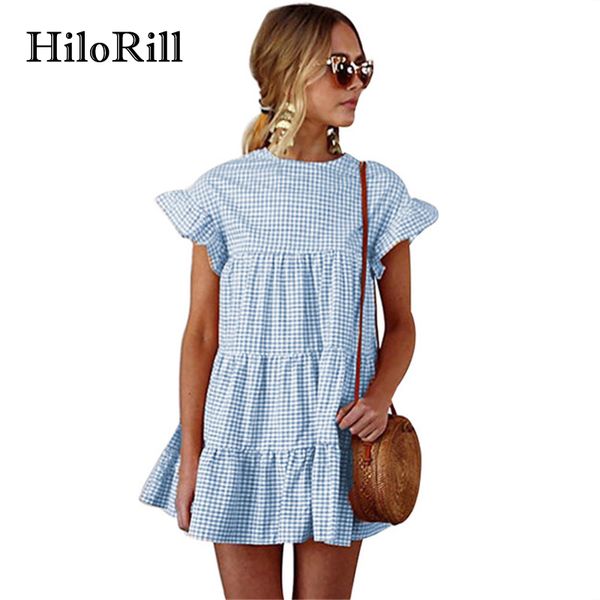 Hileorill vestido de verão curto 2018 manga curta vintage vestido de xadrez mulheres flare manga ruffles bohemian beach sundresses xl