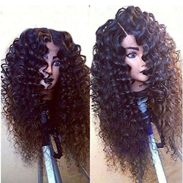 

Whole ale natural 1b 6 black brown loo e curly long wig with baby hair heat re i tant gluele ynthetic lace front wig for black women