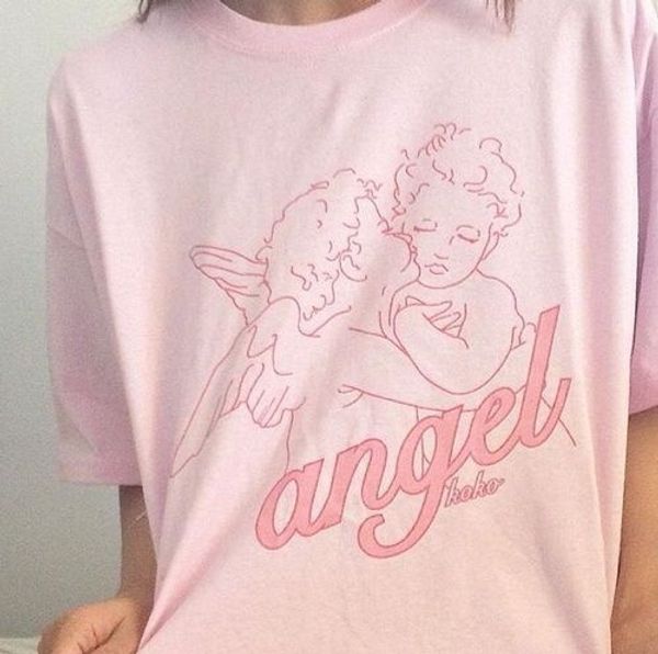 

hahayule angel koko 90s pink aesthetic t-shirt new summer cartoon cute women tumblr fashion casual loose graphic tee, White