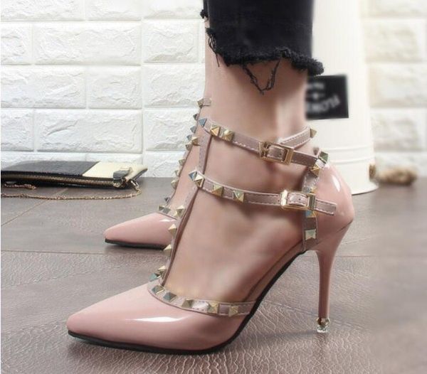 

hasp rivet heels female leather high-heeled pumps stiletto heel 11.5cm pointed toe hollow shoes woman rivet shoes, Black