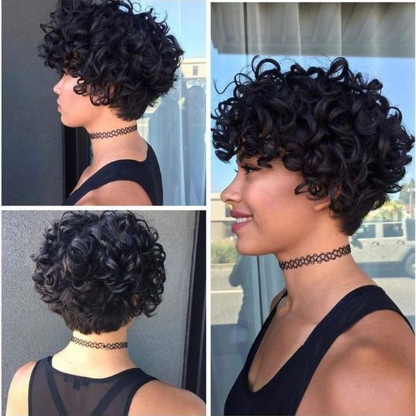 

180density full kinky curly celebrity short human hair wigs fashion style none lace wigs for black women, Black;brown