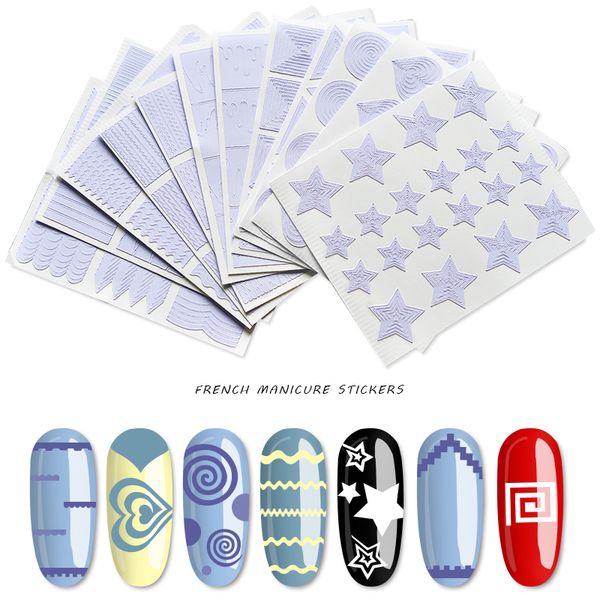 

1 set 12 styles french nail sticker star heart wave liner mixed designs for nail art 3d hollow stencil guide tip manicure decals, Black
