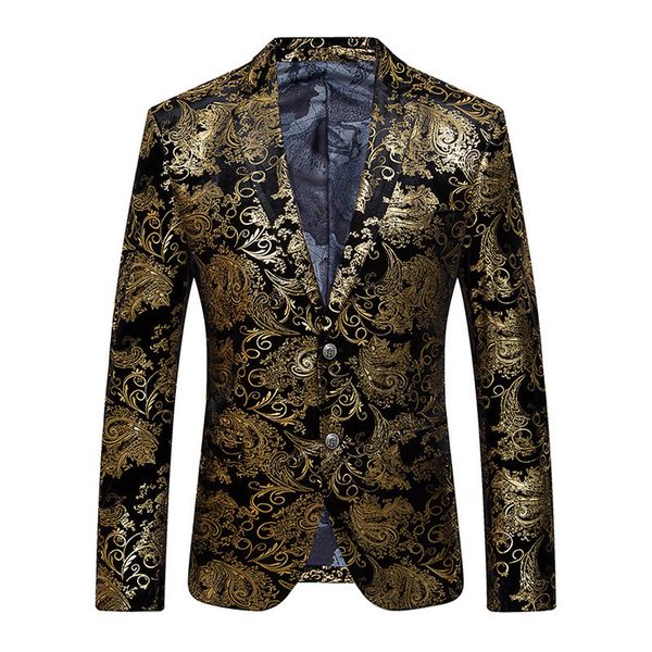 Gold bedruckter Velours-Blazer für Herren, Slim Fit, Patry, formelle Kleidung, Anzugjacke, lässige Herren-Blazer mit Blumenmuster, einreihig, Bühnenkleidung