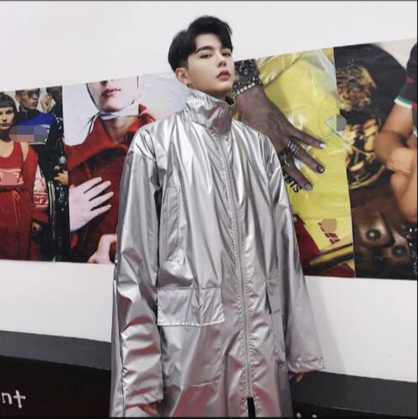 

autumn overheat of bright face imitation leather windbreaker popular logo menswear korean long and medium coat, Tan;black
