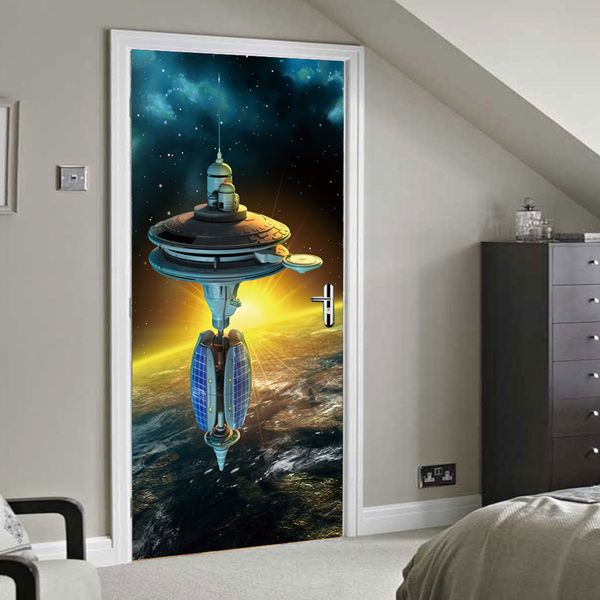 77x200cm Hot Sale 3d Planet Space Station Door Stickers Pvc Wallpaper Bedroom Living Room Door Decal Background Home Decoration Wall Stickers For Sale