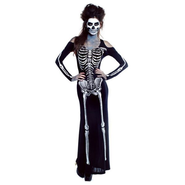 

halloween cosplay costume women skull pettern scary bones long dress, Black;red