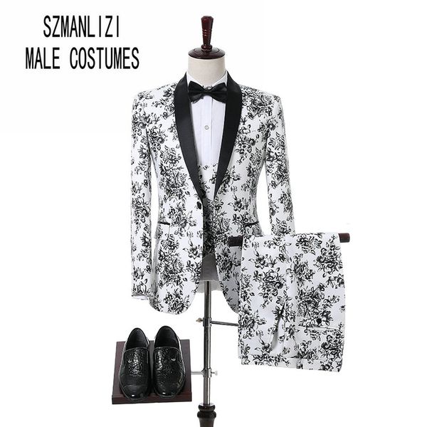 2018 Custom Tailor Made Men Abiti da sposa Fashion Design Slim Groomsmen Wedding Groom Tuxedo Bianco e nero Rose Abiti da uomo 3 pezzi