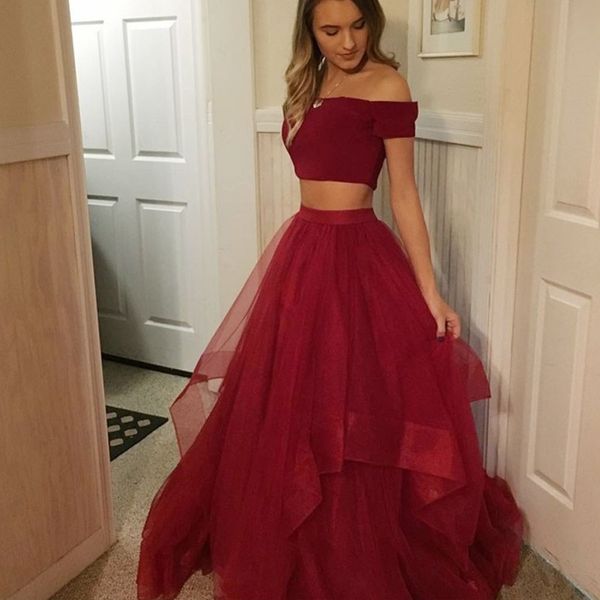 

simple dark red 2 piece prom dresses boat neck short sleeve a-line tulle long evening gowns 2018 party dress women gowns, Black