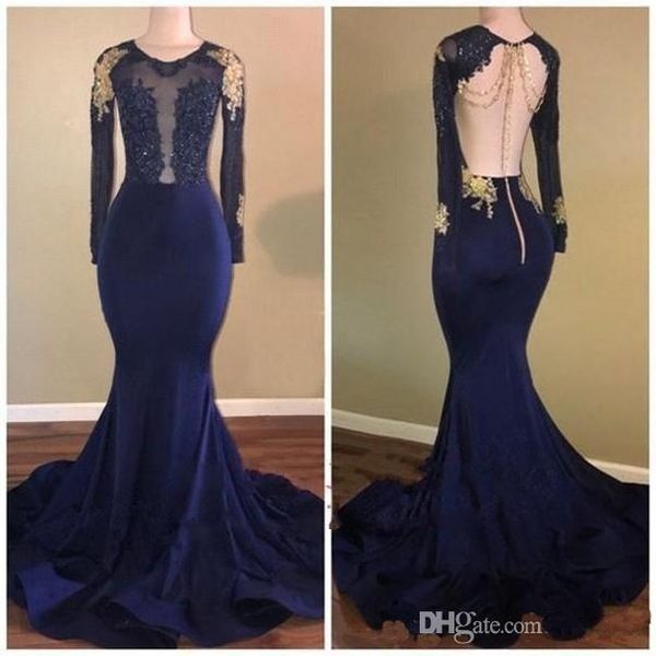 

2018 navy blue mermaid prom dresses long sheer neck lace applique beaded backless party dresses evening wear, Black