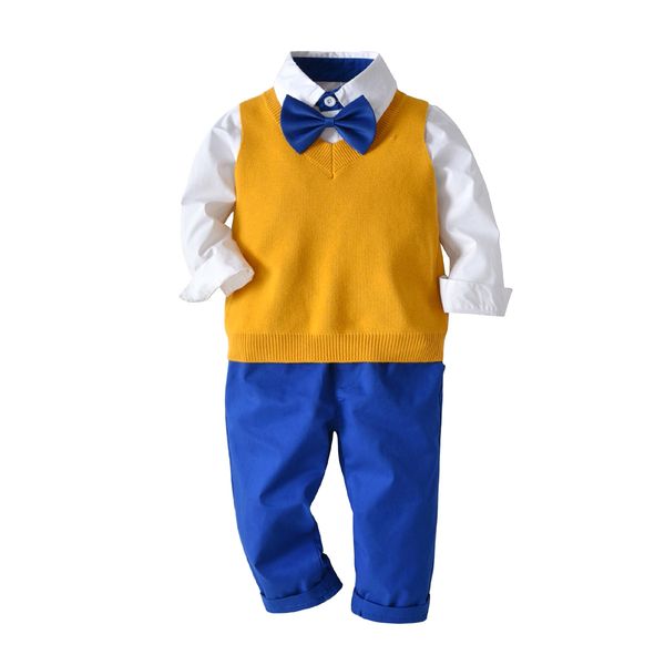 

boys clothing set autumn gentleman suit kids long sleeve bow tie plaid shirt+pants +knitted vest children outfits, White
