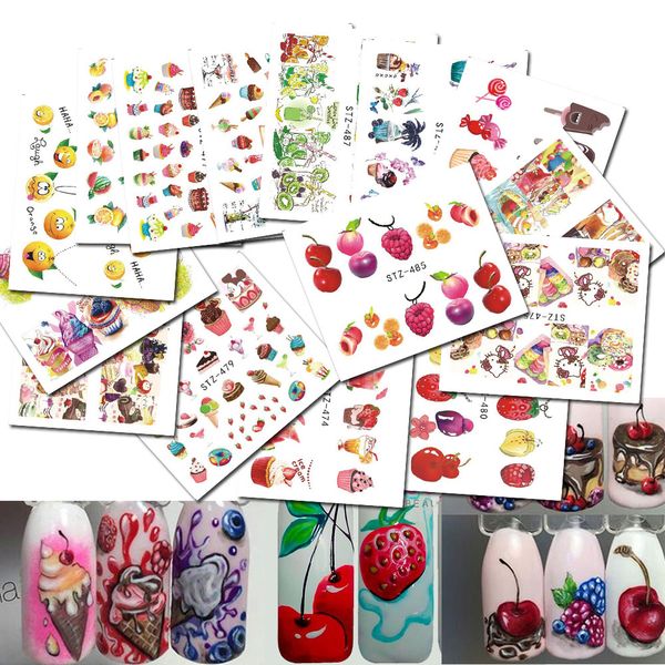 

18 sheets mixed water decals nail art water transfer stickers fruit/ice cream/cake nail tips stickers beauty decor lastz471-488, Black