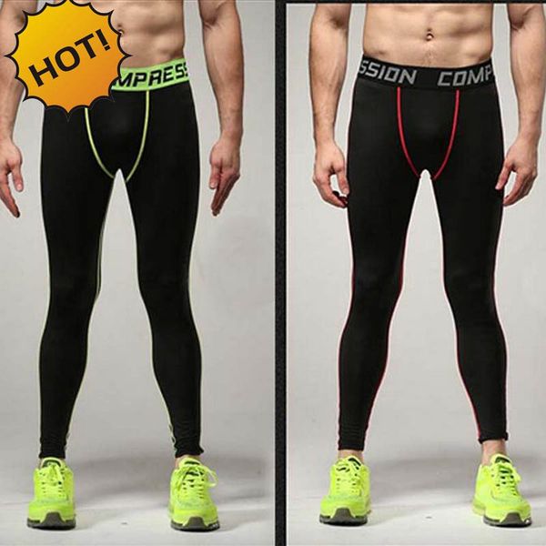 

new 2018 active solid bodybuilding pants casual high stretch tights quick dry compression skinny legging trousers men, Black