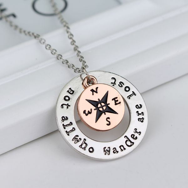 

dongsheng fashion hand stamped "not all who wander are lost" compass necklace pendant travel jewelry-30, Silver