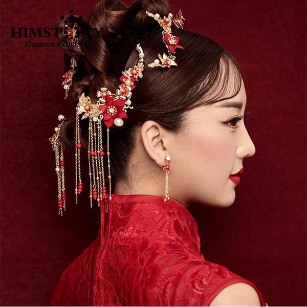 

himstory traditional chinese gold flower red pearl hairpins stick wedding bridal coronet jewelry hair accessories c18110801, Slivery;golden