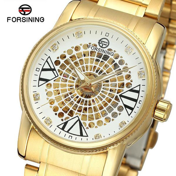 

forsining new spider web design mechanical watches skeleton men's clocks golden full steel self wind automatic wrist watch 2018, Slivery;brown