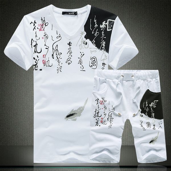 

chinese character paern creative printing t shirt and shorts suit summer 2018 new fashion quality coon mens short sets -5xl, Gray