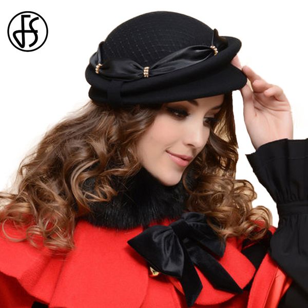 

fs female winter black beret hat for women french wool felt hats bowknot with mesh gauze party sombrero vintage mujer, Blue;gray